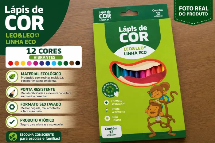 Lápis de Cor Leo&Leo Linha Eco 12 Cores Sextavado Atóxico