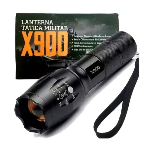 Lanterna Tática Militar X900 Recarregável Super Forte com Zoom e Sinalizador 8359
