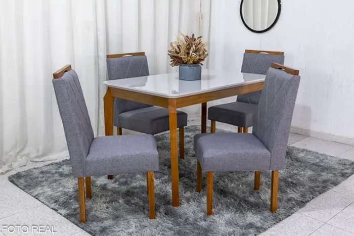 Mesa de Jantar Alegra 120×80 c/ 4 Cadeiras Diamante Linho Cinza Até 12x 