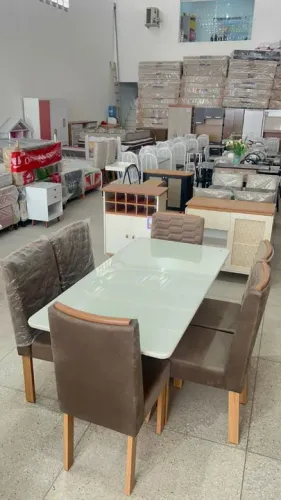 Conjunto Mesa 6 Cadeiras Castela 100% MDF Com Cadeiras Acolchoadas Freijó Off White Cook 
