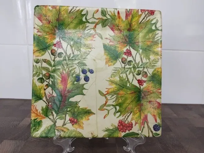 Prato Decorativo Parede Decoupagem Quadrada Folhas Flores Frutos