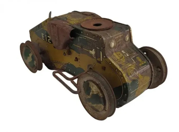 BRINQUEDO ANTIGO - TANQUE MILITAR DE LATA À CORDA (1950s Marx Tin Litho Camouflage Wind Up