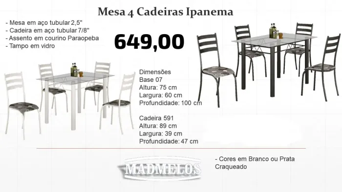 Mesa de Jantar 4 Cadeiras Ipanema 100x60 tampo de vidro / ENTREGA HOJE !!! FRETE GRÁTIS 