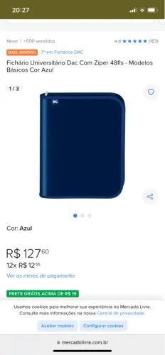 Fichário Universitário Dac Com Zíper Azul