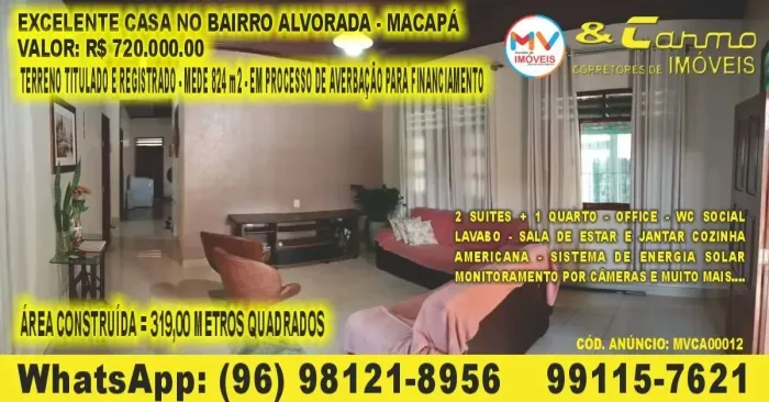 ÓTIMA CASA NO ALVORADA - MACAPÁ 2 SUITES + 1 QUARTO + 1 OFFICE - ENERGIA SOLAR