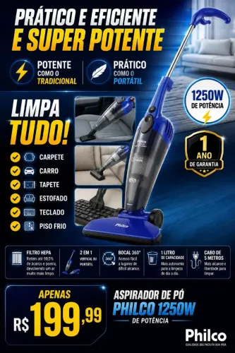 Aspirador de Pó Philco 1250W 2 em 1 LACRADO