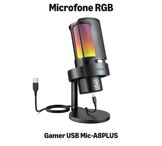 Microfone Gamer Fifine Ampligame A8 Plus RGB, USB, Cardioide e Omni, Preto - A8PLUS