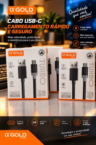 Excelente Cabo GOlD  Preto ,  USB / Tipo C 