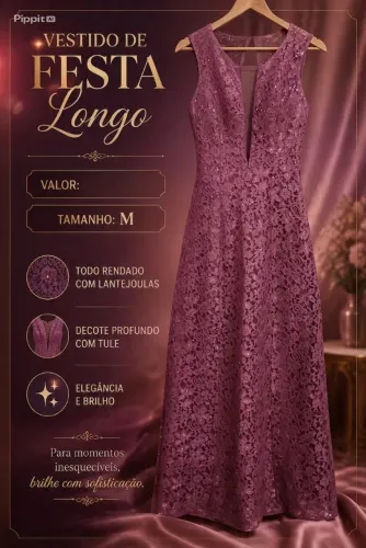 Vestido de festa longo de renda e lantejoulas rosê/malva