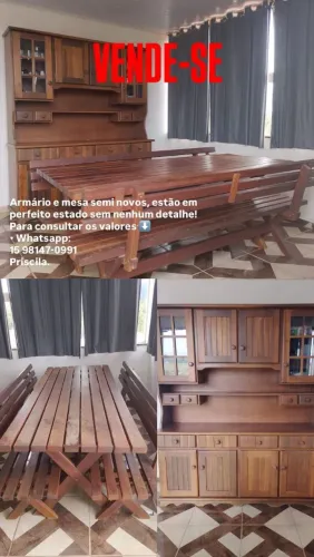 Conjunto de armário com mesa e banco de madeira macissa 