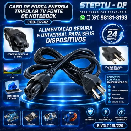 Cabo De Força Energia Tripolar Tv Fonte De Notebook Arduino Automação COD-CP742  