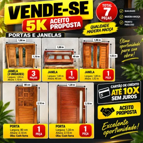 Portas e Janelas de Madeira Maciça Usadas | 7 Peças | Casa Obra Construção Reforma