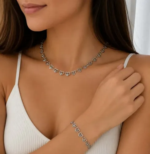 Conjunto feminino colar e pulseira de coração em aço inoxidável
