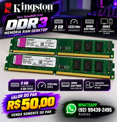 Memória RAM Kingston DDR3 1333 MHz - 4 GB (2x 2 GB)