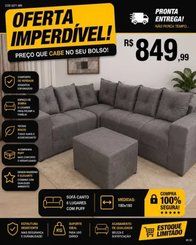 Sofá Canto 6 Lugares com Puff