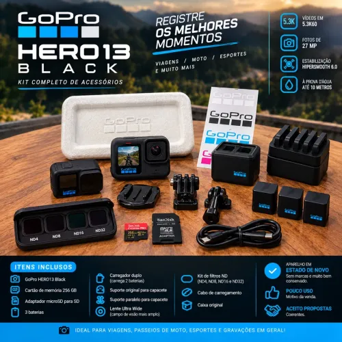 GoPro HERO13 Black + 3 Baterias, 256 GB, Ultra Wide e 4 Filtros ND