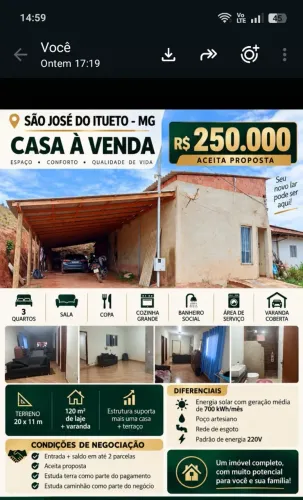 Casa a venda em são José do itueto ,Mg
