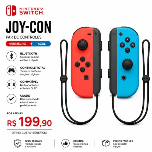 Controle Sem Fio Nintendo Switch Standard Vermelho Azul Bluetooth
