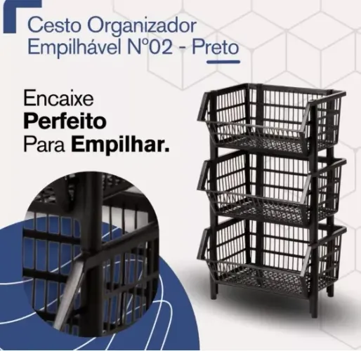 Cesto Expositor Plásticos N2 Preto 44cm Para Organização Industrial e Lojistas