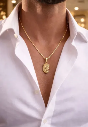 Conjunto Corrente tijolinho e Pingente face de Jesus Cristo em ouro 18k 750