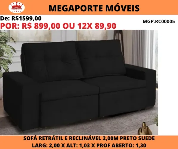 Sofá Retrátil e Reclinável 2,00m Suede