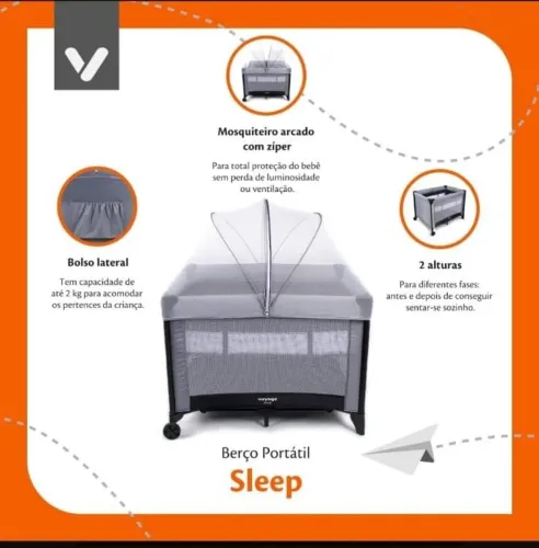 Berço cercado portátil para bebê sleep Voyage cinza com colchão