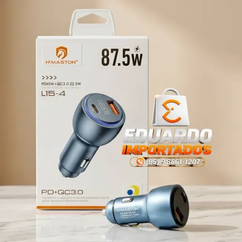 Carregador Veicular 87.5W Turbo (Tipo C + USB) PD 65W + QC 3.0 22,5w Ultra Rápido, Carro