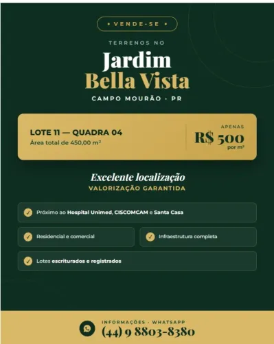 Terreno 450m² (15x30) - Jardim Bella Vista, Campo Mourão/PR