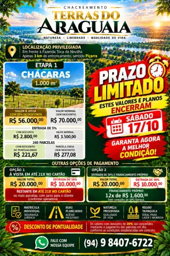 Chacreamento Terras do Araguaia - Chácaras de 1.000m2 em São Geraldo do Araguaia.