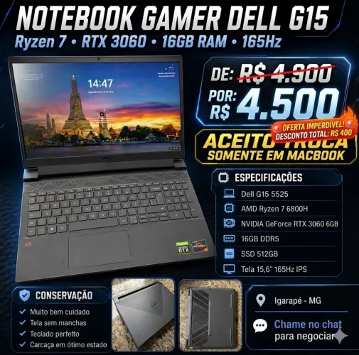 Notebook Gamer Dell G15 RTX 3060 - Troco por MacBook