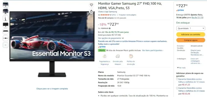 Monitor Gamer Samsung 27" FHD,100 Hz, HDMI, VGA,Preto, S3 c/ 2 anos de garantia estendida