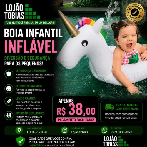Boia Crianças 3 Até 6 Anos Inflável Unicórnio Assento Alça