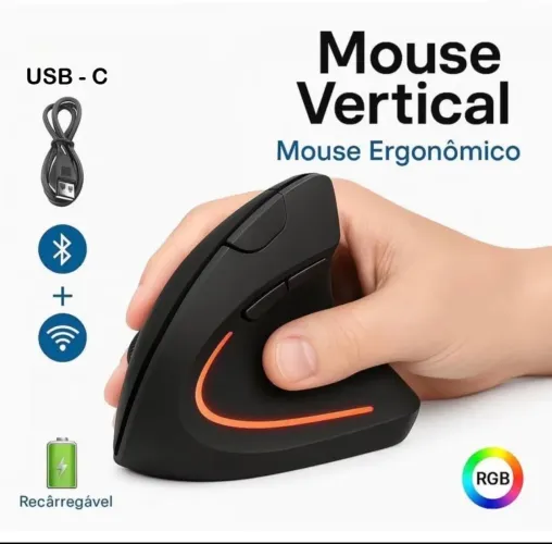 Mouse Vertical Ergonômico Sem Fio Recarregável USB Bluetooth Silencioso Ortopédico