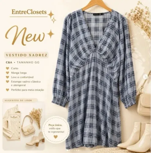 Vestido xadrez em tom azul claro - Novo com etiqueta