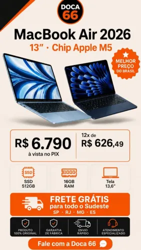 MacBook Air 2026" e abaixo, em laranja: "13" · Chip Apple M5"
