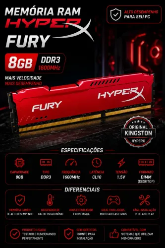Memória RAM Gamer HyperX Fury 8GB DDR3 1600MHz Kingston Vermelha