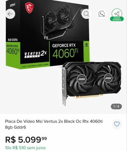 RTX 4060 Ti 8GB MSI Ventus 2X - menos de 1 ano de uso