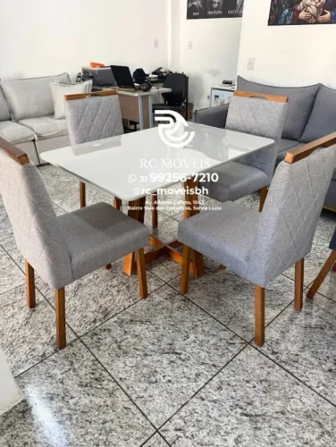 Mesa de jantar 1,20x0,80 Tampo Vidro + 4 Cadeiras Madeira maciça | Pronto Para Entrega