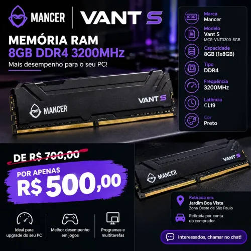 Memoria Mancer Vant S, 8GB (1x8GB), DDR4, 3200MHz, C19, Preto, MCR-VNT3200-8GB