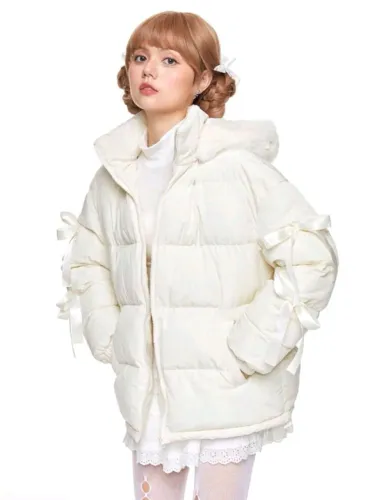 Casaco Puffer Feminino Branco Com Capuz E Lacinhos Frio
