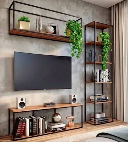 CONJUNTO COMPLETO SALA ESTILO INDUSTRIAL DESIGN EM AÇO E MADEIRA
