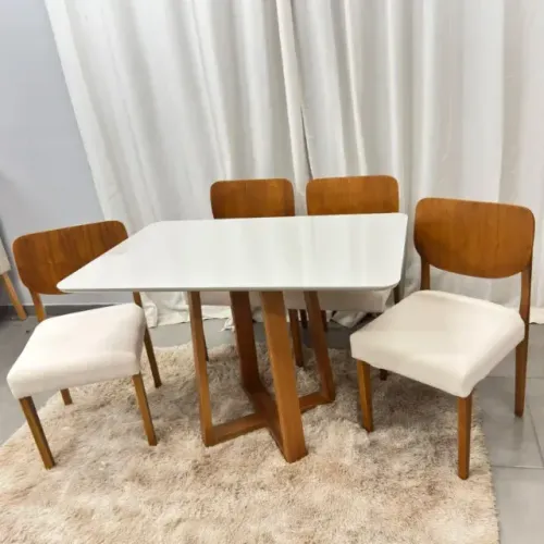 Mesa de Jantar Bali 120x90cm com Vidro e 4 Cadeiras Barcelona em Linho Madeira Minas Plac