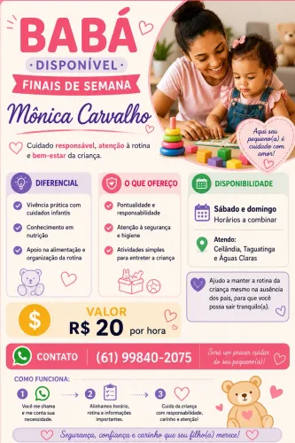 Babá disponível finais de semana - Ceilândia, Taguatinga e Águas Claras