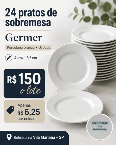 24 pratos de sobremesa Germer - porcelana branca  Lote com 24 pratos de sobremesa Germer