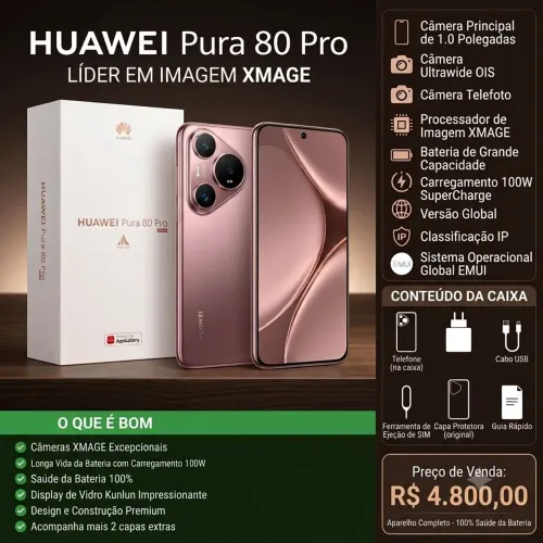 VENDO OU Troco Huawei Pura 80 Pro 512GB Completo - Bateria 100%<br>
