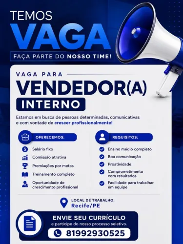 Vaga para vendedor interno call Center receptivo