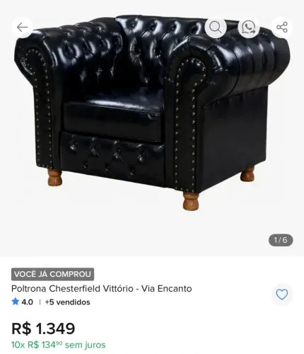 Poltrona Chesterfield Preta Impecável - Quase Nova