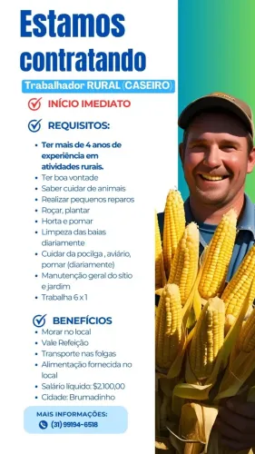 Caseiro rural com  + de 4 anos de experiência para trabalhar em Sítio