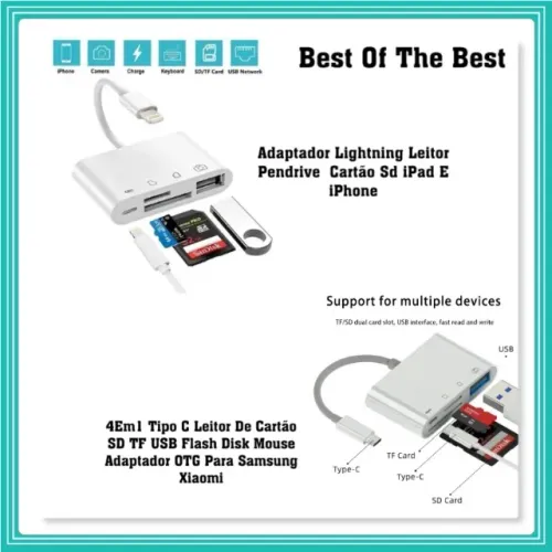 Adaptador Lightning Leitor Pendrive Cartão Sd iPad E iPhone - 4em1 Tipo C Leitor De Cartão