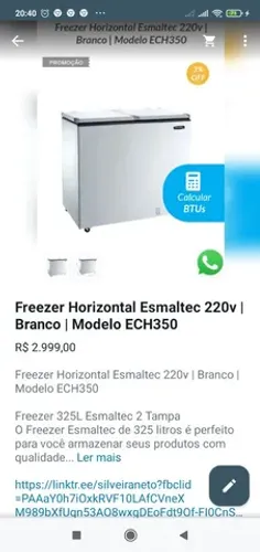 FREEZER HORIZONTAL ESMALTEC 220V / ECH350 .